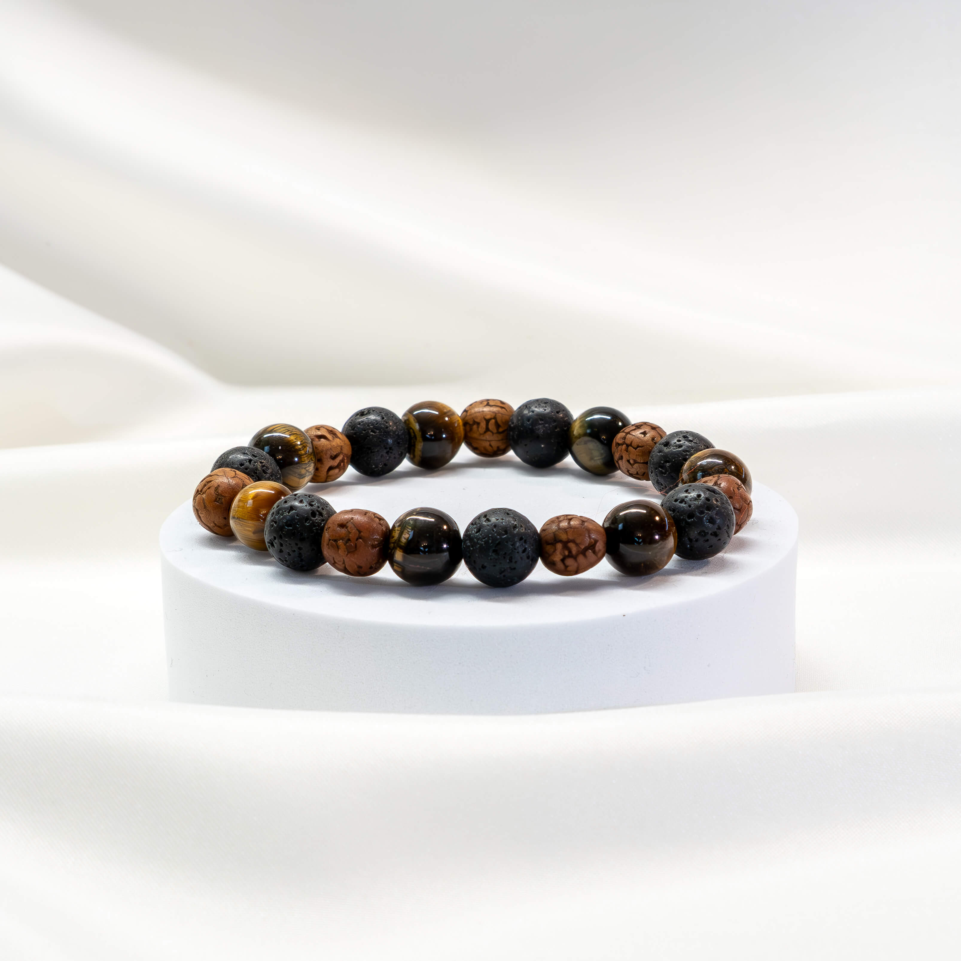 Armband Rudraksha/Tigerauge/Lavastein