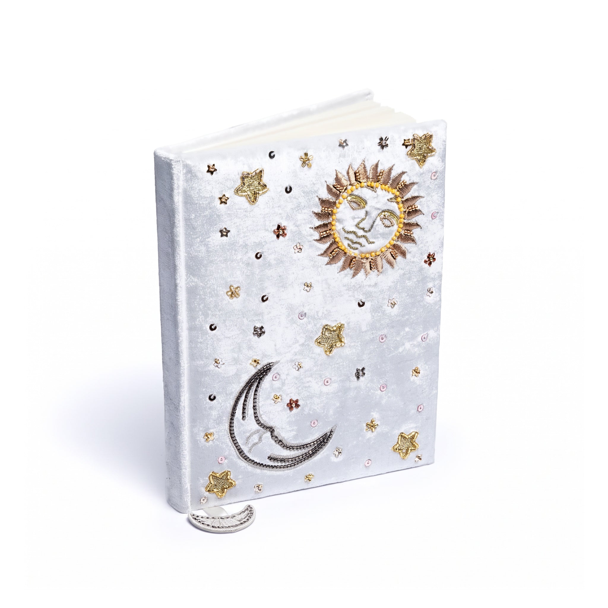Notizbuch Samt weiß mit Sonne und Mond – Vorderseite