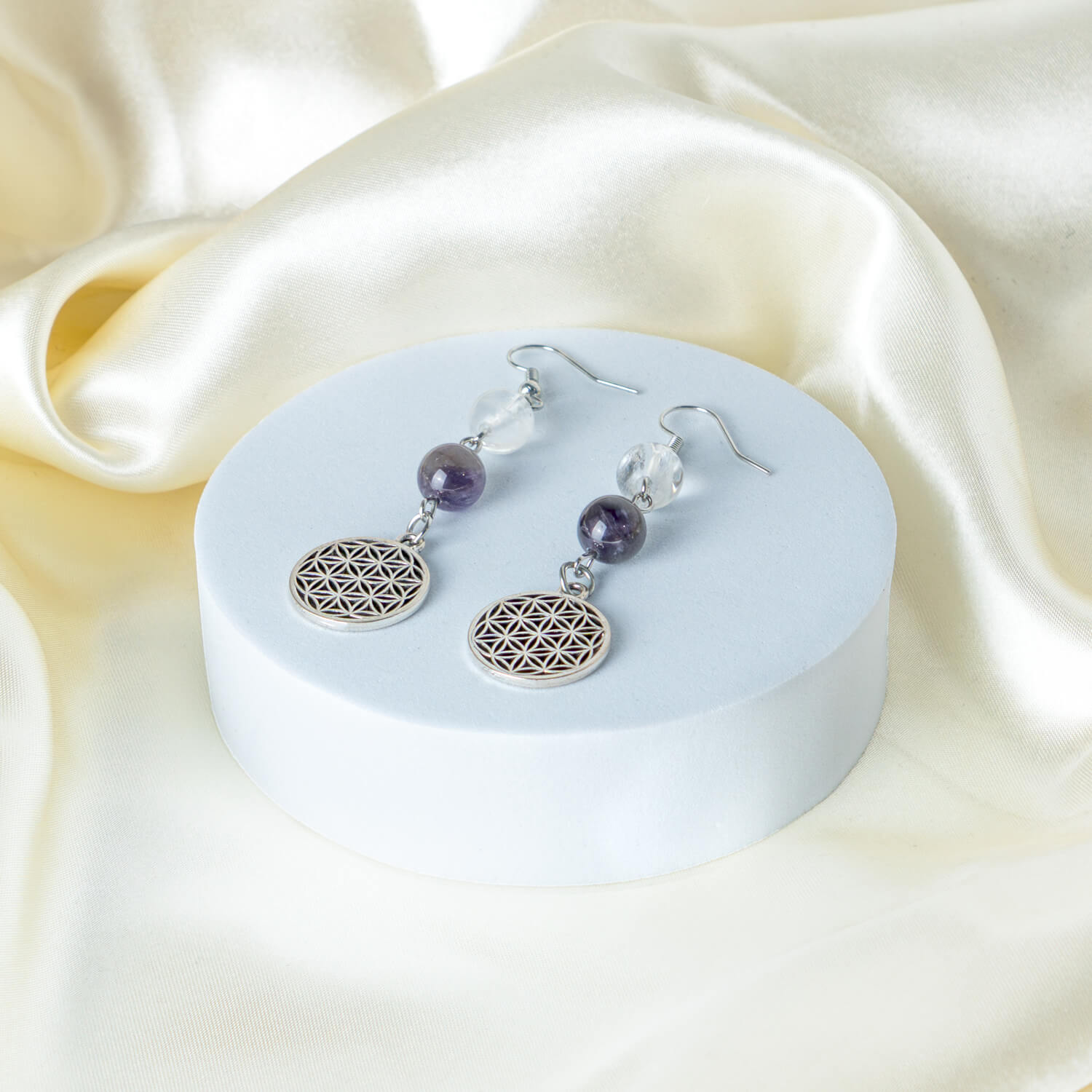 Ohrringe Bergkristall/Amethyst mit Blume des Lebens