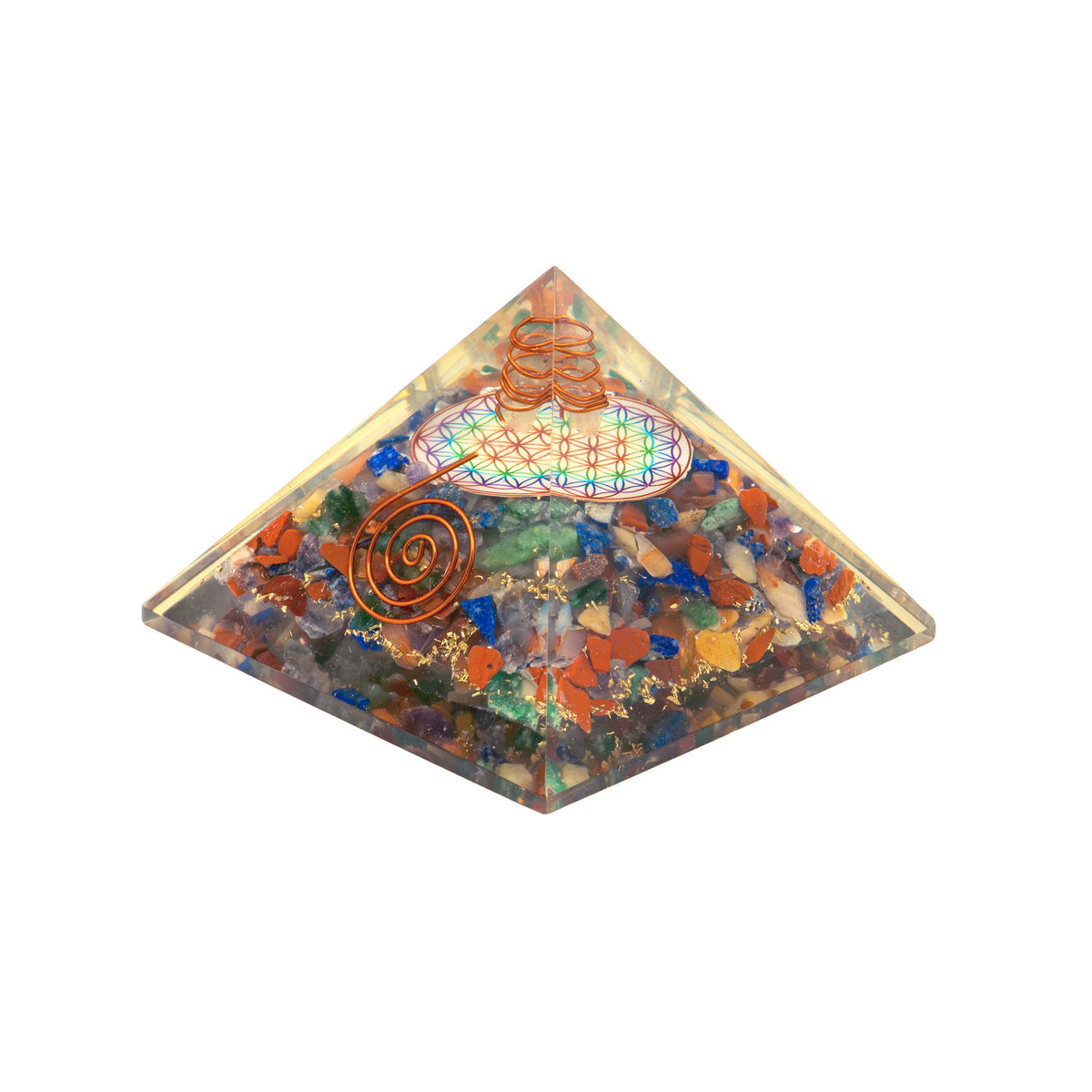 Orgonit Pyramide Chakra Blume des Lebens mit Kristallspitze