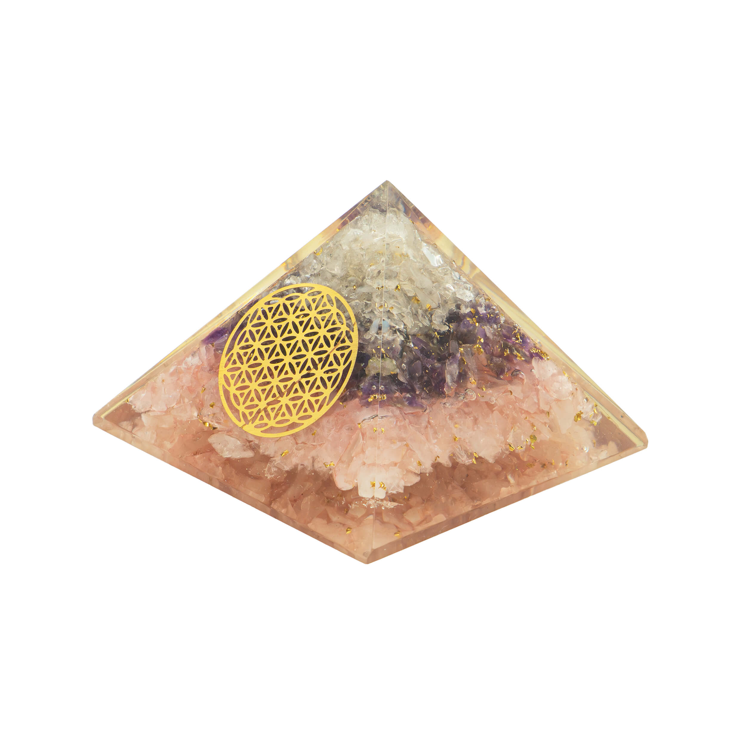 Orgonit Pyramide Goldene Dreieck mit Blume des Lebens