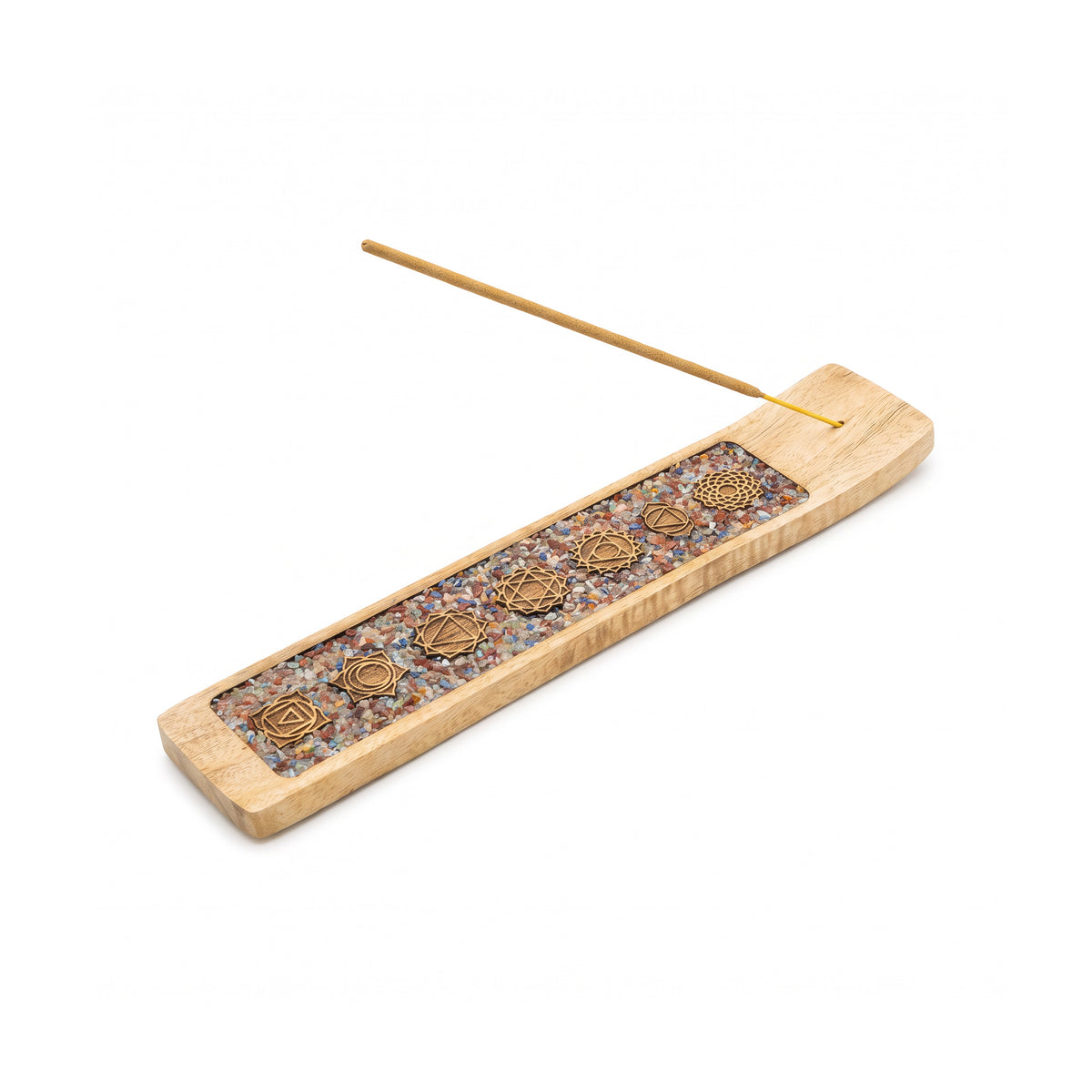 Räucherstäbchenhalter 7 Chakren aus Mangoholz mit Edelsteinsplittern